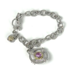 Authentic Judith Ripka Silver Gold Pink Quartz Diamond Chain Charm Bracelet 6.25